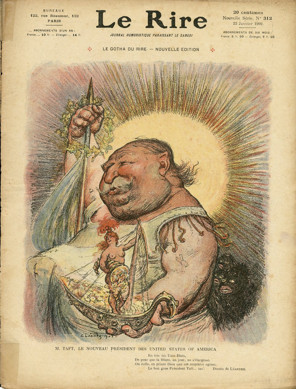 Illustrasjon av Charles Leandre (1862-1934) for omslaget til Le Rire, nr. 312, 23.01.09 - Amerikas forente stater Amerikas forente stater - William Howard Taft (1857-1930), president av Charles Leandre