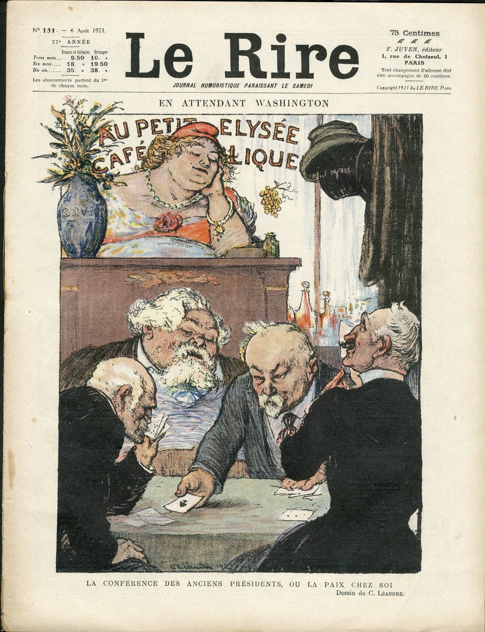 Illustrasjon av Charles Leandre (1862-1934) i Le Lire, 06/08/21 - I mellomtiden Washington - Valg, republikkens president - Marianne, Fallieres Armand, Poinsare Raymond, Deschanel Paul - Kortspill av Charles Leandre