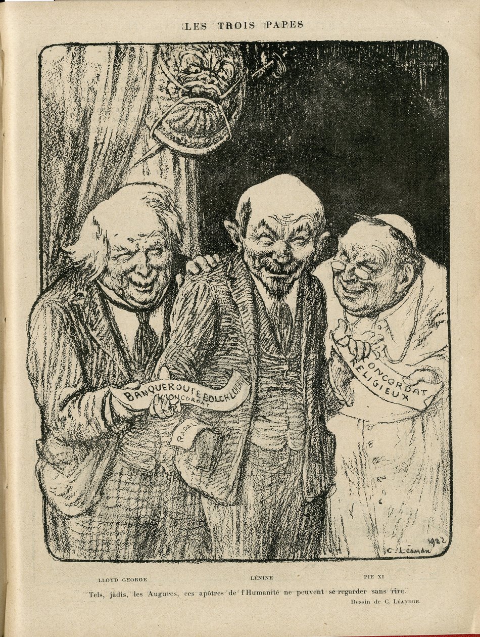 Illustrasjon av Charles Leandre (1862-1934) i Le Rire, 03/06/22 - The Three Popes - England Storbritannia, U.S.R., Verifikatordatoer, Reichstag - Lenine, Lloyd George, Pius XI av Charles Leandre