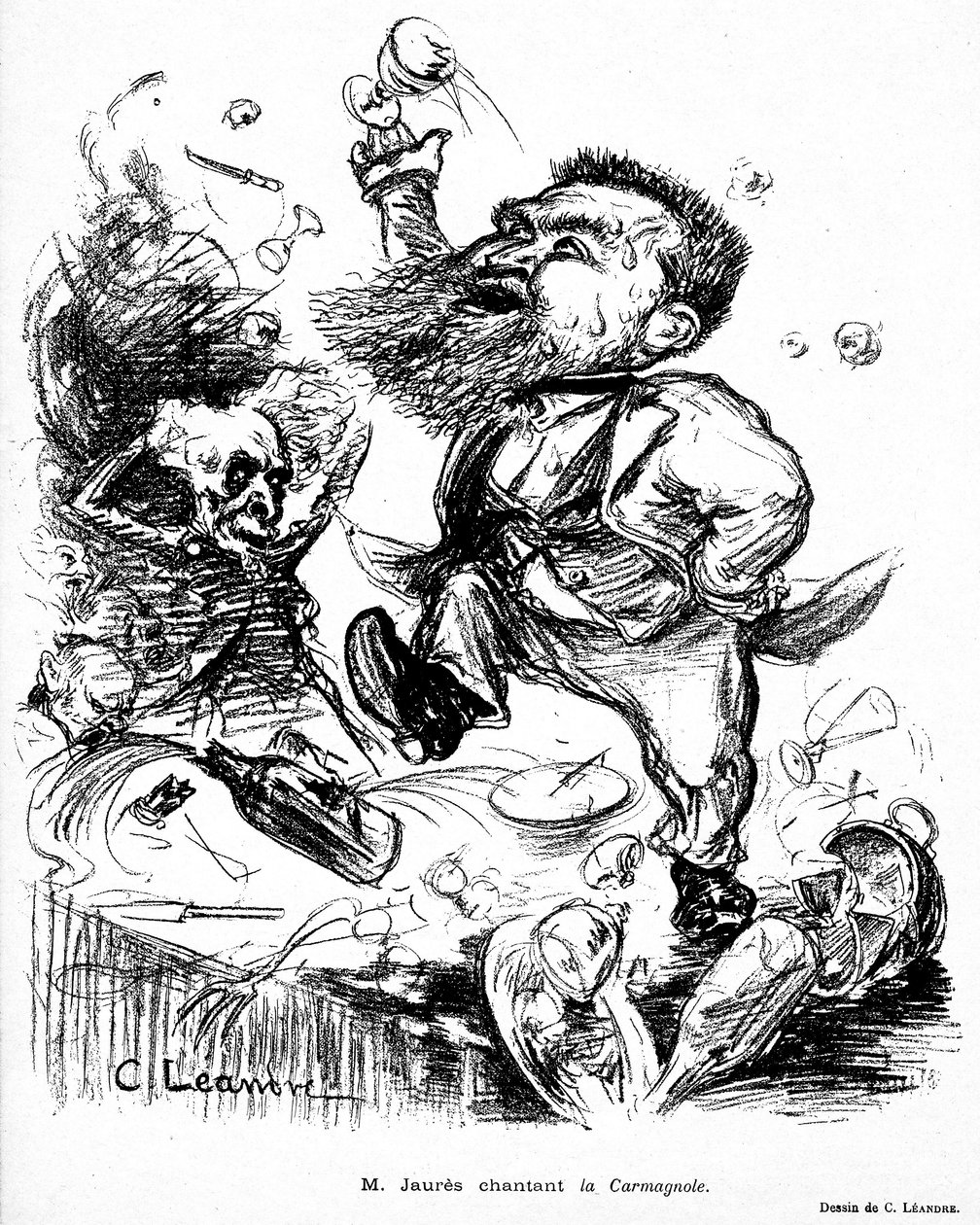 Jean Jaures danser og synger Carmagnole på et bankettbord (antagelig full) bilde i Le Rire n°105 7. november av Charles Leandre