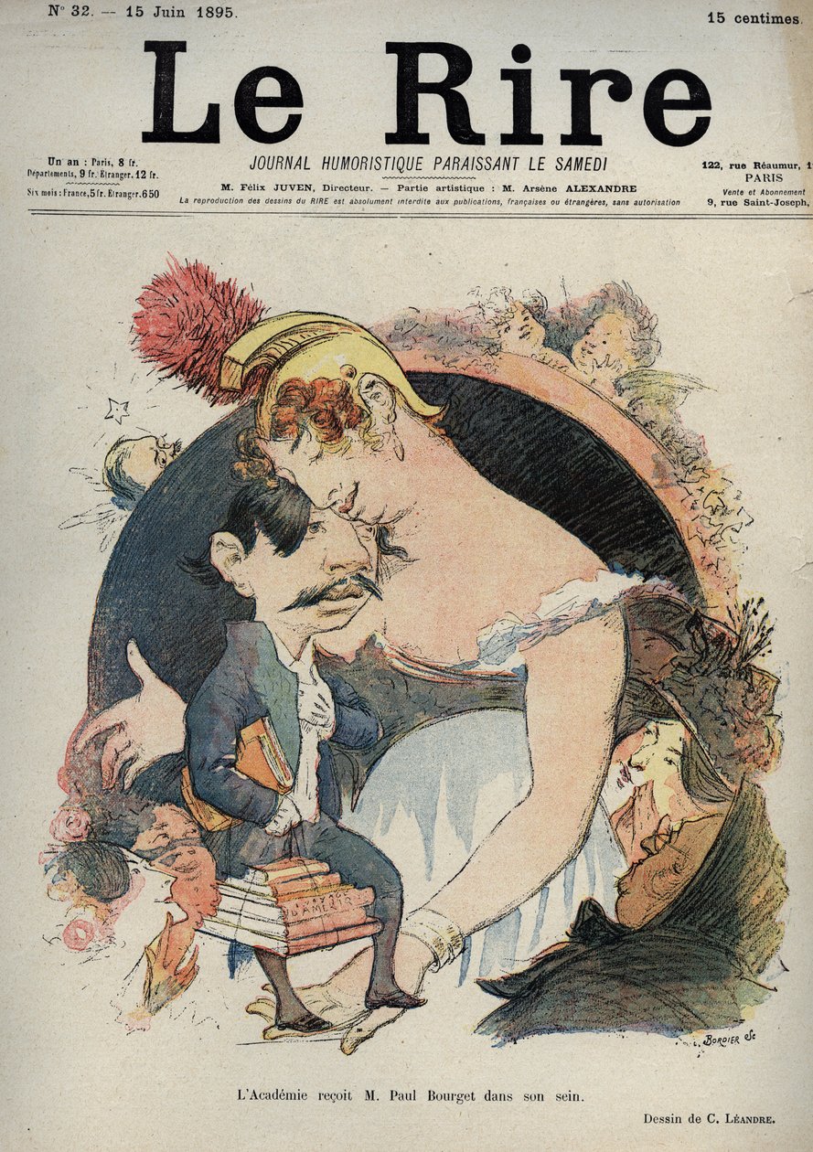 Paul Bourget (1852-1935) Fransk forfatter - L'academie (fransk) mottar Paul Bourget i sin barm - karikatur av Charles Leandre (1862-1934) i "" Le Rire"" av 15. juni av Charles Leandre