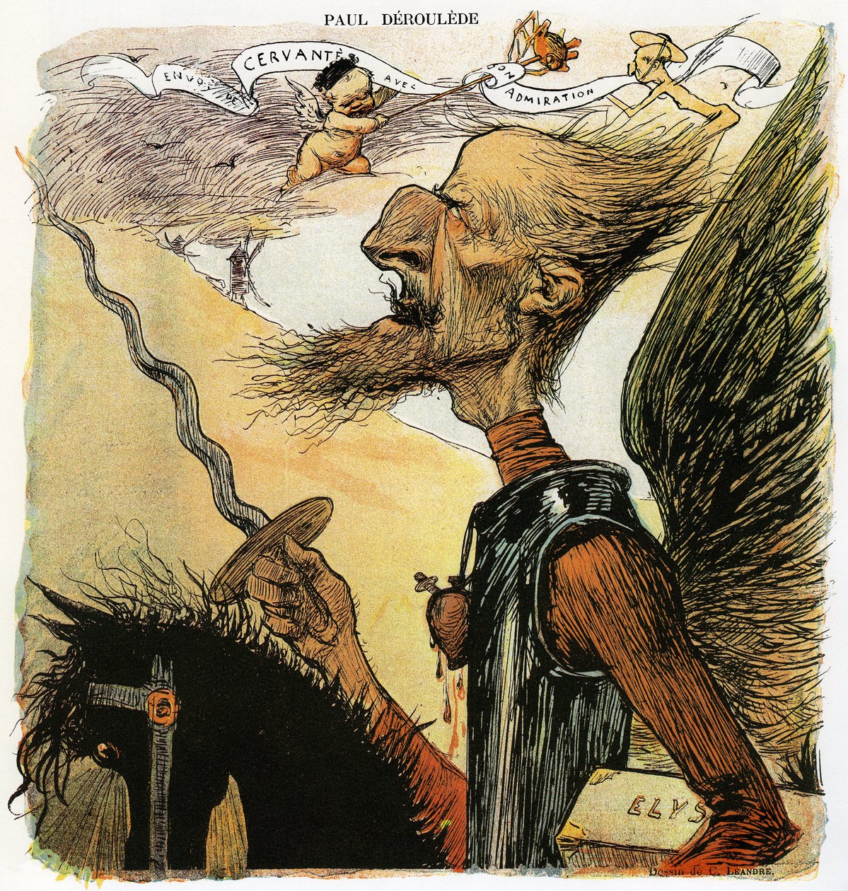Paul Deroulede (1846-1914), fransk forfatter og nasjonalistisk aktivist, en viktig aktør innen antidreyfusisme, karikatur av Charles Leandre som ridder Don Quixote: han skal kjempe mot vindmøller og bærer en koffert merket "Elysee" under armen. Drawi av Charles Leandre