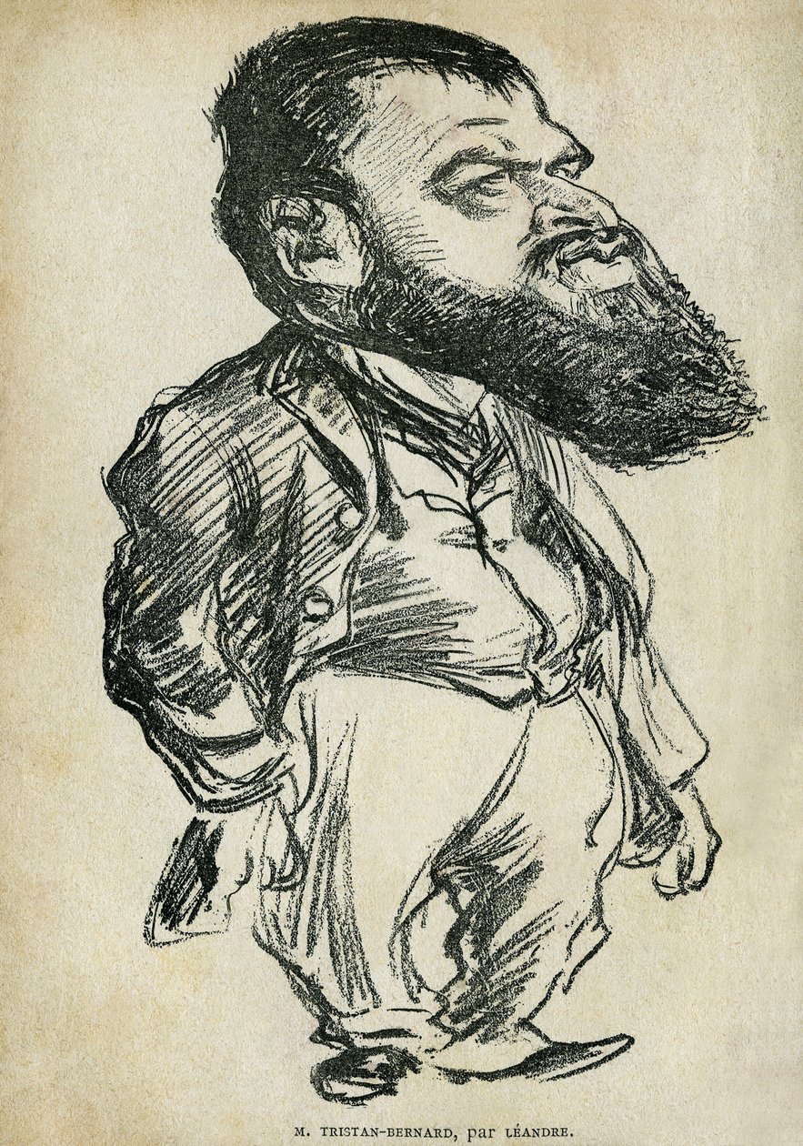 Portrett av Bernard Paul dit Tristan-Bernard (1866-1947), fransk forfatter og komiker. Tegneserie av Charles Leandre (1862-1934), i "Tales of Pantruche and elsewhere" av Tristan Bernard, Petite Collection du "" Rire", Paris av Charles Leandre