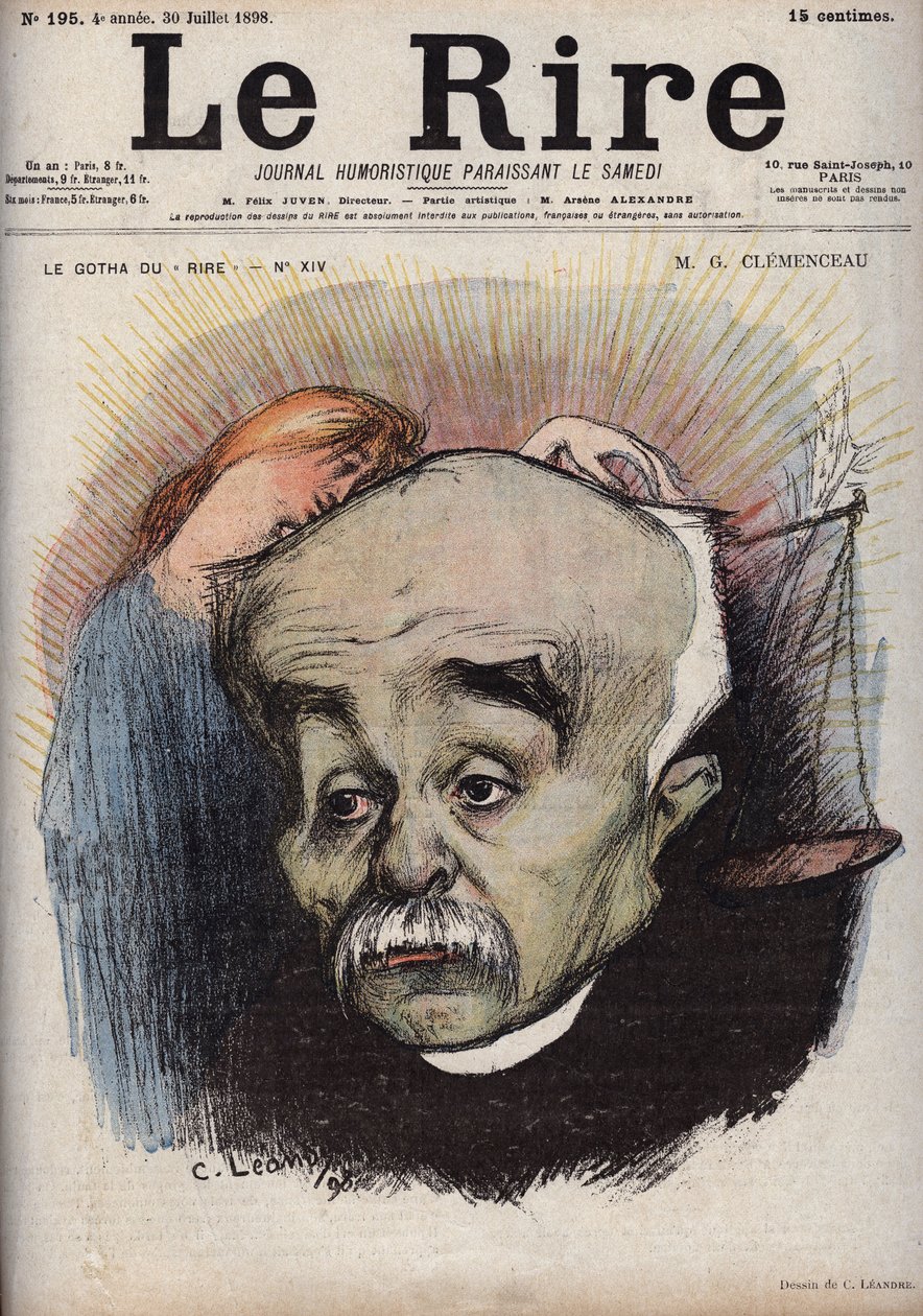 Portrett av Georges Clemenceau (1841-1929) - balansen viser til avisen La Justice"" og dens direktør, Cornelius Herz, som hadde mottatt penger fra Clemenceau - karikatur av Charles Leandre (1862-1934) i "" Le Rire"" " av 30. juli av Charles Leandre