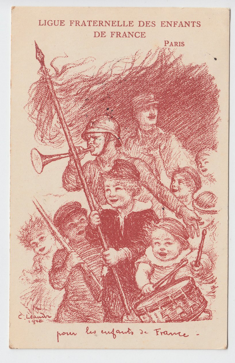 Postkort, satirisk i farger: Fraternal League of the Children of France - War of 14 -18, Childhood, Patriotic Days Illustrasjon av Charles Leandre (1862-1934) av Charles Leandre