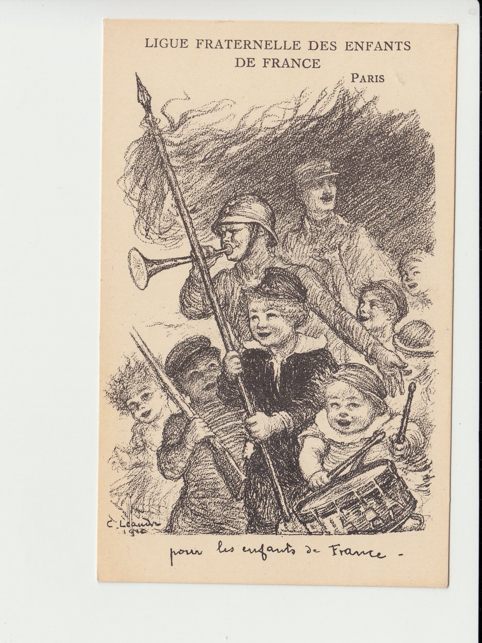 Postkort, satirisk i svart-hvitt: Fraternal League of the Children of France - War of 14-18, Music, Childhood, Fraternal League of the Children of France - Soldiers Illustration av Charles Leandre (1862-1934) av Charles Leandre