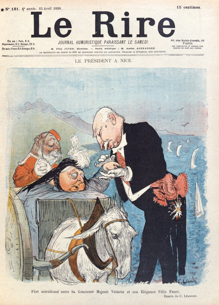 Dronning Victoria (1819-1901) flørter med president Felix Faure (1841-99) mens hun er på ferie i Nice, forsiden av 'Le Rire' magazine, 23. april 1898 av Charles Leandre