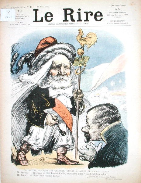 Mottakelse av president Emile Loubet (1838-1929) av generalguvernøren i Algerie, A.J.P. Revoil, karikatur fra 