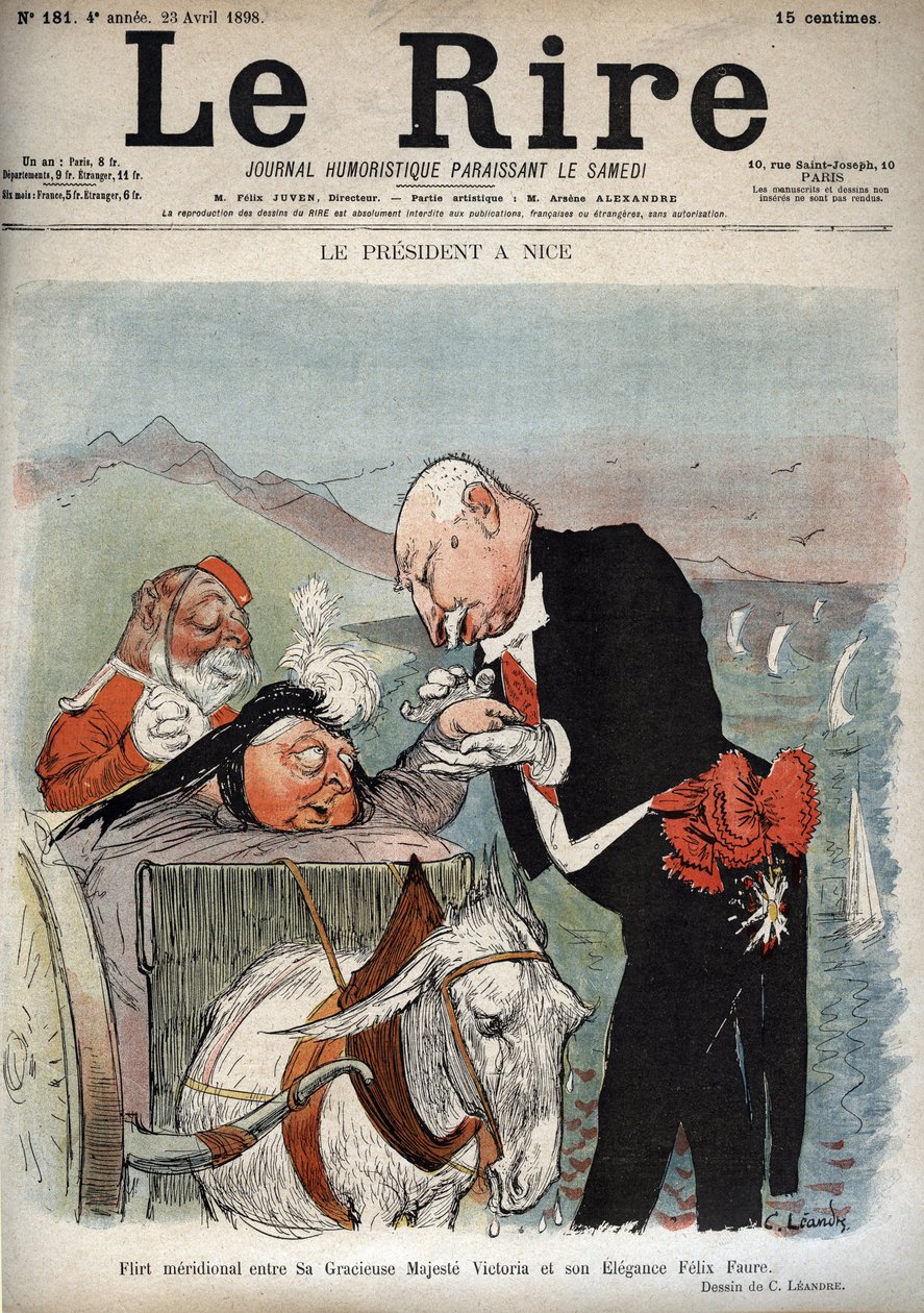 Presidenten i Nice - Frankrikes president Felix Faure møtte dronning Victoria i Nice - tegneserie av Charles Leandre (1862-1934) i "" Le Rire"" av 23. april 1898 av Charles Leandre