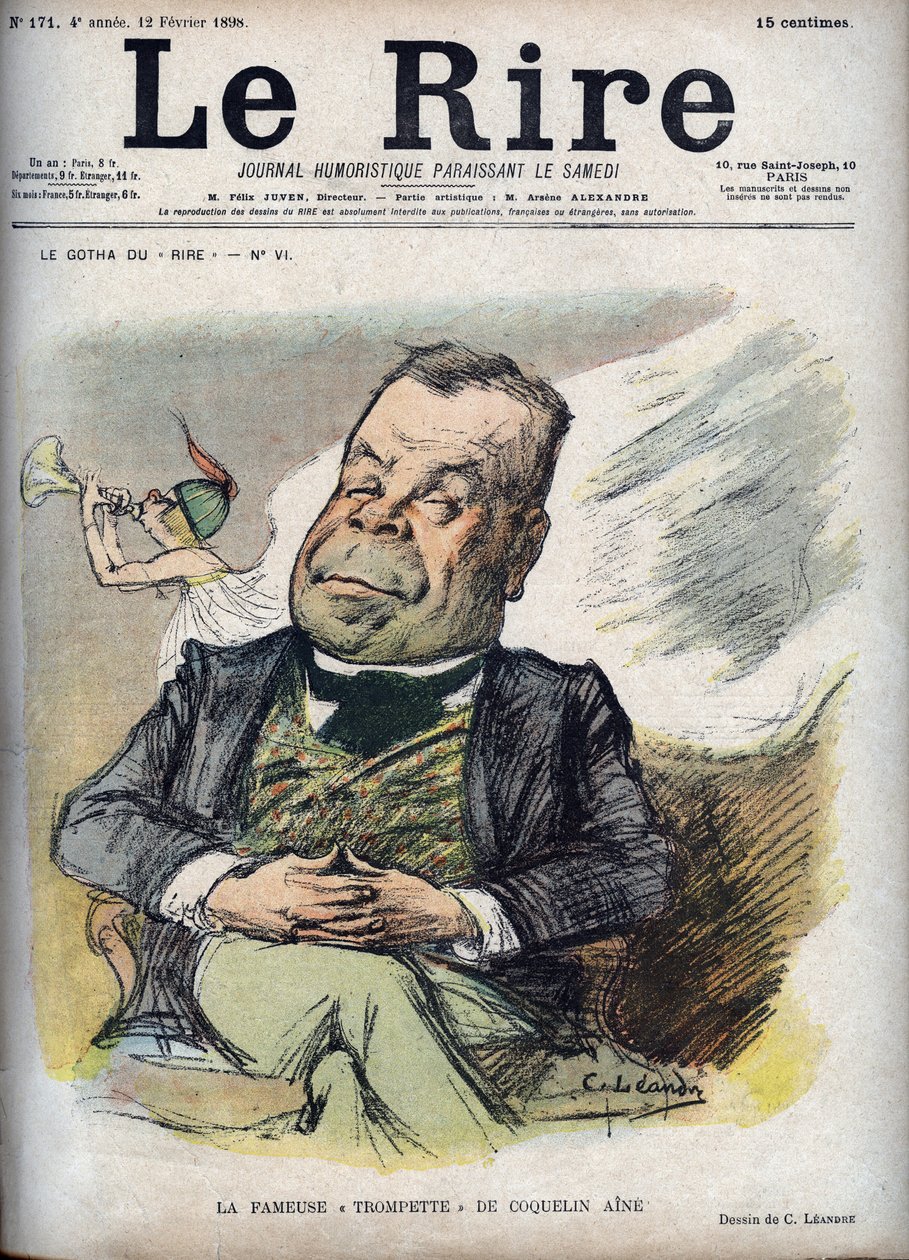 Den berømte trompeten til Poppy Aine - Portrett av Constant Poppy kalt Aine Poppy (1841-1904) - - karikatur av Charles Leandre (1862-1934) i "" Latteren"" av 12. februar av Charles Leandre