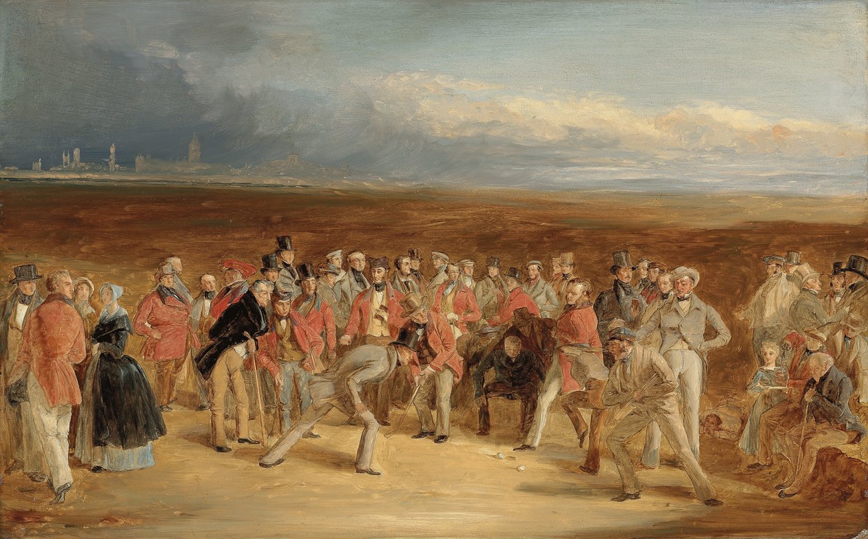 Den ferdige skissen for The Golfers: A Grand Match spilt på St. Andrews Links av Sir David Baird, Bt. og Sir Ralph Anstruther, Bt. av Balcaskie, mot Major Playfair og John Campbell, Esq., fra Glensaddell, i 1850 av Charles Lees