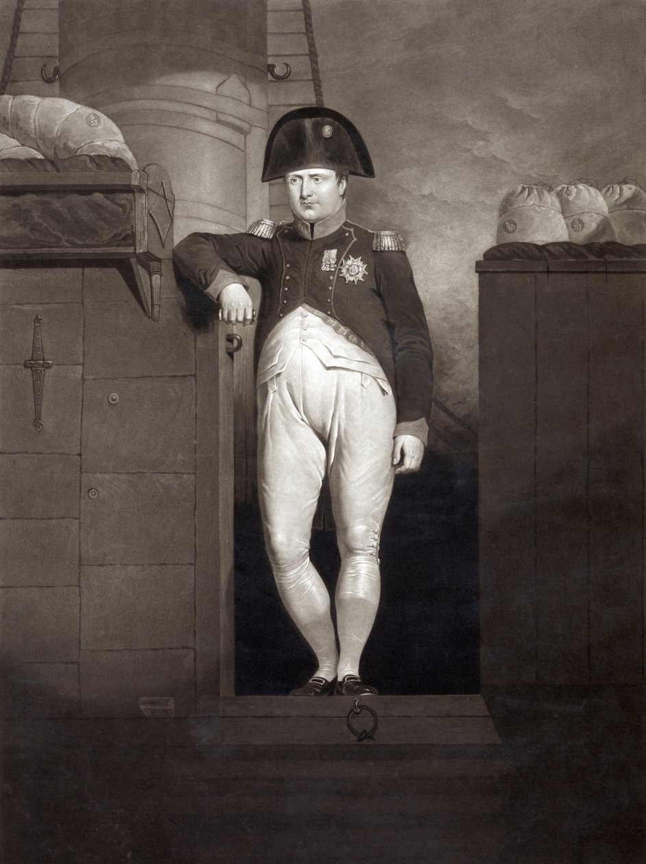 Napoleon Bonaparte på landgangen til HMS Bellerophon etter å ha nådd Plymouth Sound, august 1815, gravert av Charles Turner av Charles Lock Eastlake