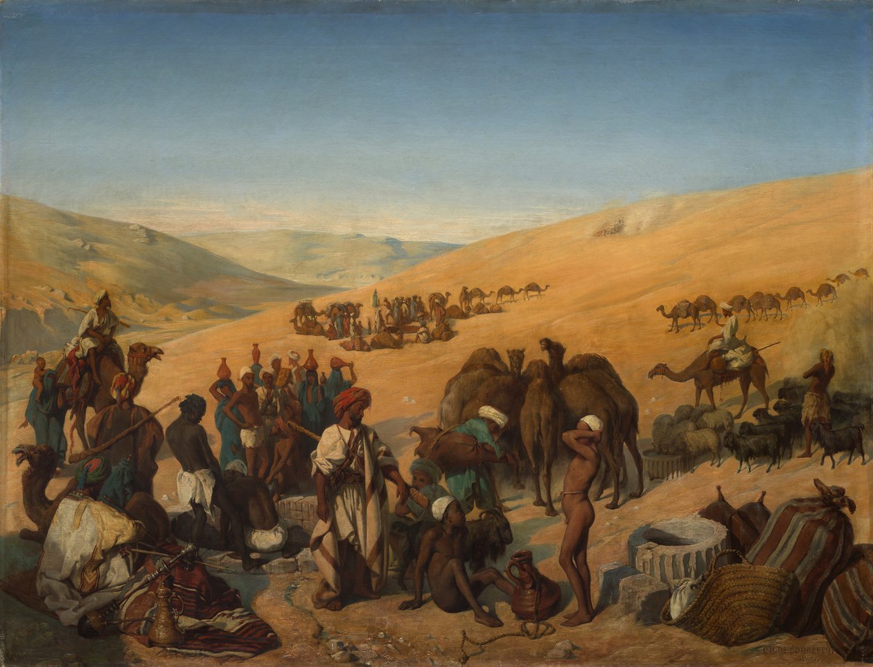 Stopp av karavaner ved brønnene i Saba Beersheba i ørkenen sør for Hebron, 1850. av Charles Louis Fredy de Coubertin