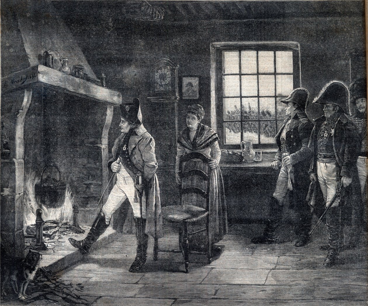 Keiser Napoleon I varmer seg ved en vedild i et snølandskap - Napoleon etter slaget ved Waterloo i 1814 - gravering etter maleriet av Charles Louis (Charles-Louis) Kratke (1848-1921) av Charles Louis Kratke