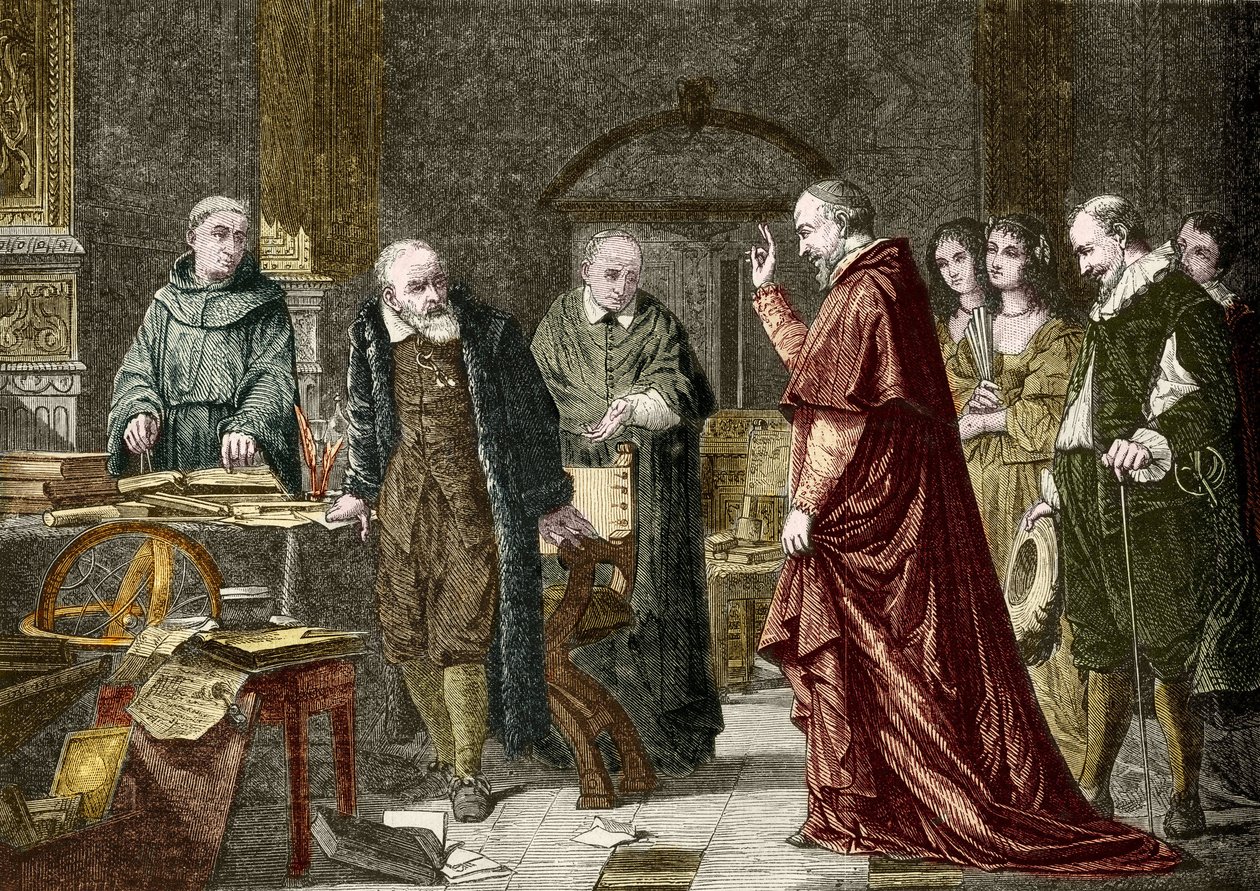 Fangenskap av Galileo Galilei dit Galilee, italiensk astronom (1564-1642), gravering etter Charles Mullers maleri av Charles Louis Lucien (after) Muller