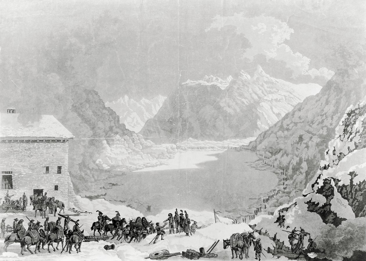 Den franske hæren til førstekonsul Napoleon Bonaparte (1769-1821) ved Great St Bernard Pass Hospice, 20. mai av Charles Louis Lucien Muller