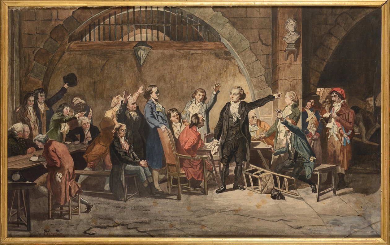 The last goodbye of the Girondins, 31. oktober 1793, ved Conciergerie-fengselet - The last goodbye of the Girondins, av Mueller, Charles Louis (1815-1892). Akvarell på papir. Privat samling av Charles Louis Lucien Muller