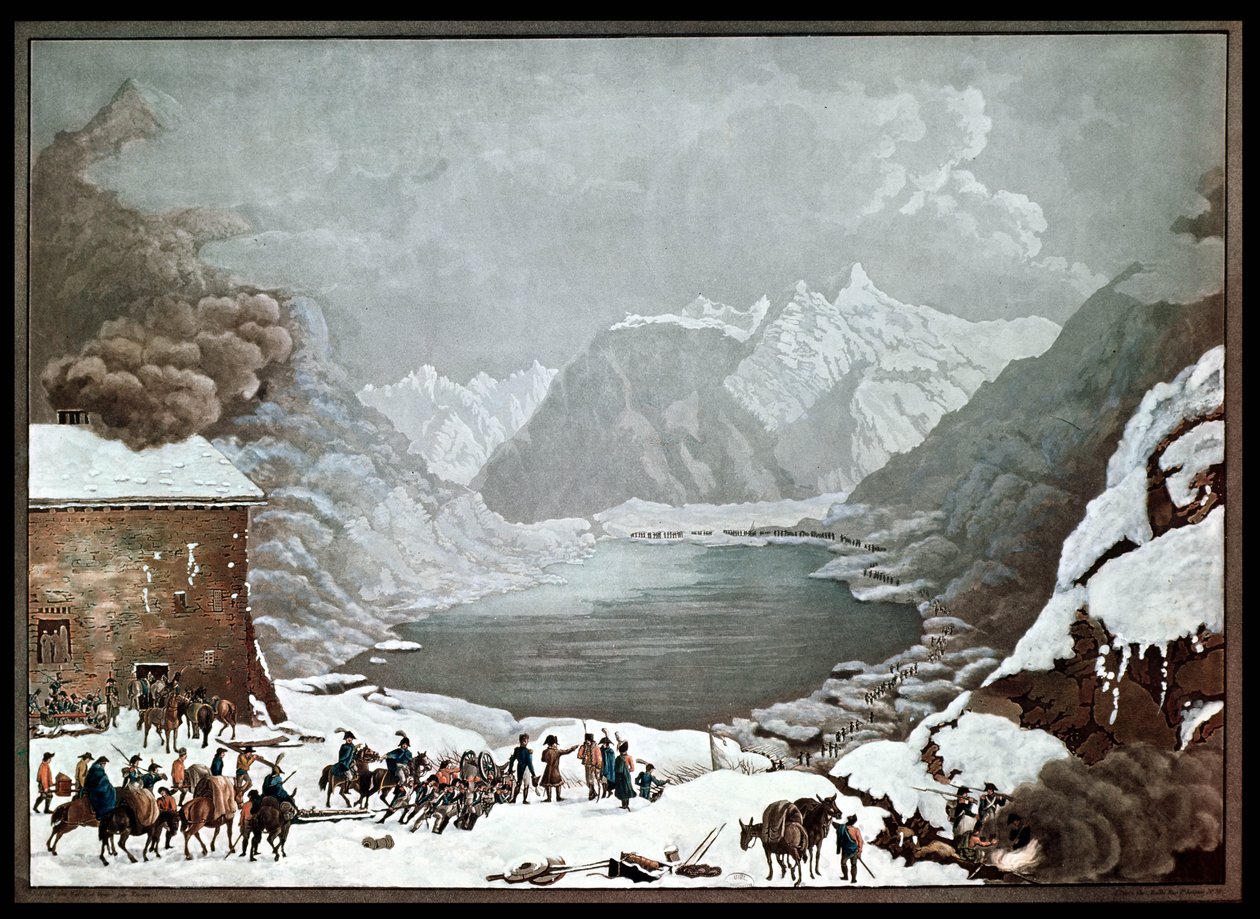 Napoleon Bonaparte (1769-1821) ved St. Bernard Pass Hospice, 20. mai 1800, gravert av Merou (akvatint) av Charles Louis Lucien Muller