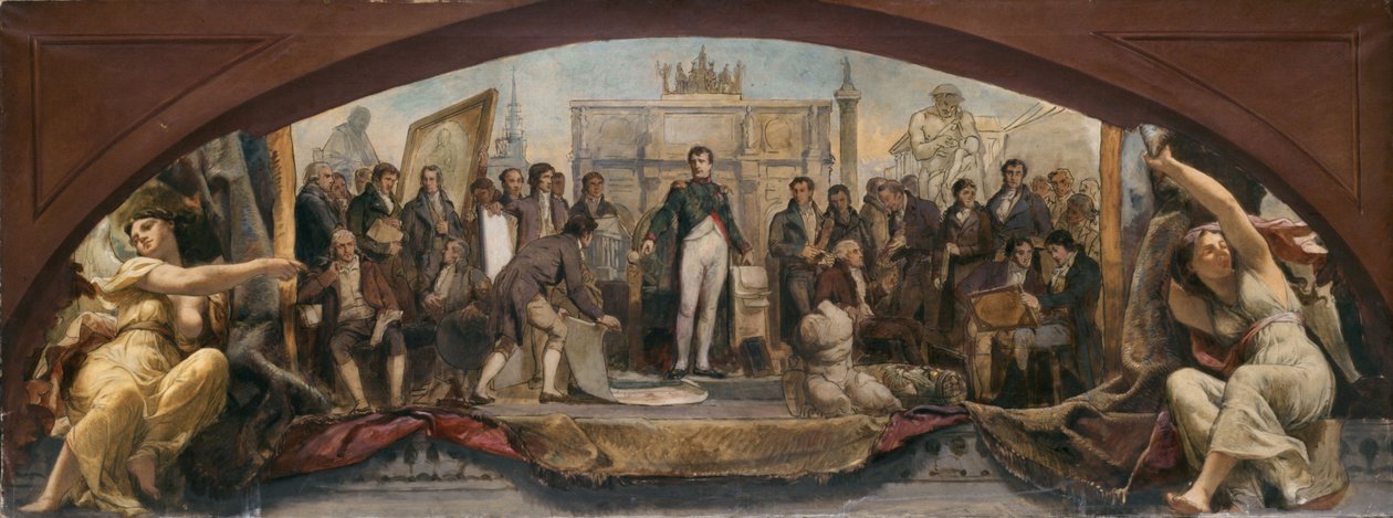 Skisse til Denon-paviljongen i Louvre: Frankrikes fire kunstneriske tidsaldre - Presentasjon av planene til Napoleon, ca. 1864 (olje på lerret) av Charles Louis Lucien Muller