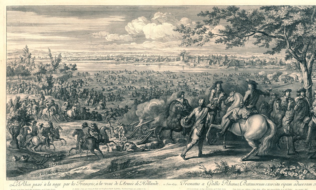 De Franse legers steken ved Lobith de Rijn over, 1672 Rhinen svømte forbi franskmennene, ved synet av Army of Holland (tittel på objekt) av Charles Louis Simonneau