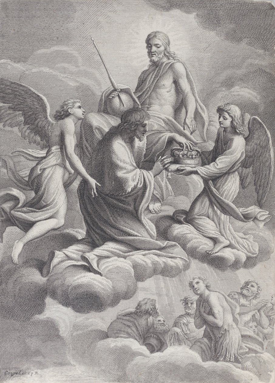 Saint Louis av Frankrike mottatt til himmelen av Kristus og to engler som tilbyr ham c..., 1671-80. av Charles Louis Simonneau