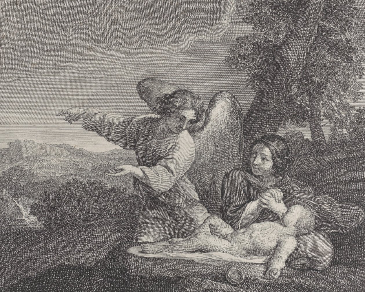 Engelen som viser seg for Hagar i ødemarken mens hun folder hendene ved siden av søvnen..., 1700-28. av Charles Louis Simonneau