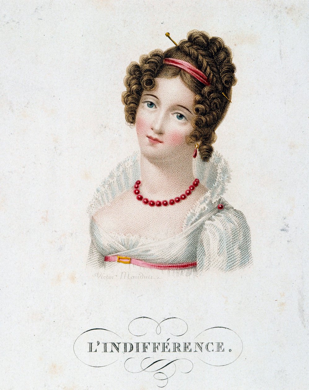 Likegyldigheten En ung kvinne kledd i mote First Empire. Litografi av Victor Mauduit (1788-?) Paris fra 1800-tallet, dekorativ kunst av Charles Louis Victor Mauduit