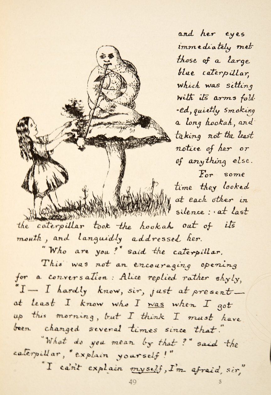 Alice får råd fra Blue Caterpillar, illustrasjon fra Alices Adventures Under Ground, pub. 1886 (faksimile) av Charles Lutwidge Dodgson
