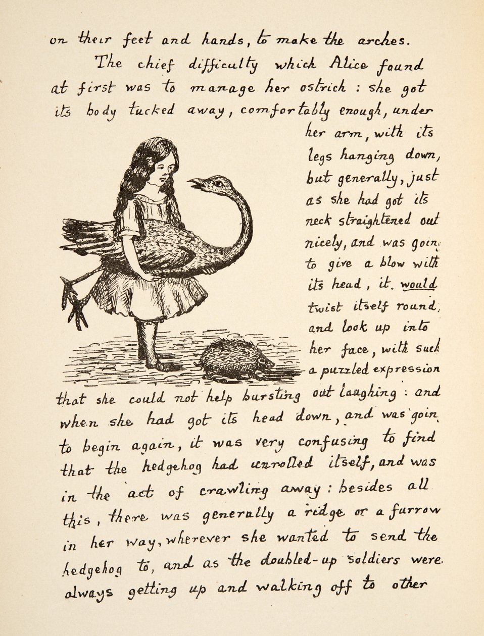 Alice holder strutsen sin, illustrasjon fra Alices Adventures Under Ground, pub. 1886 (faksimile) av Charles Lutwidge Dodgson