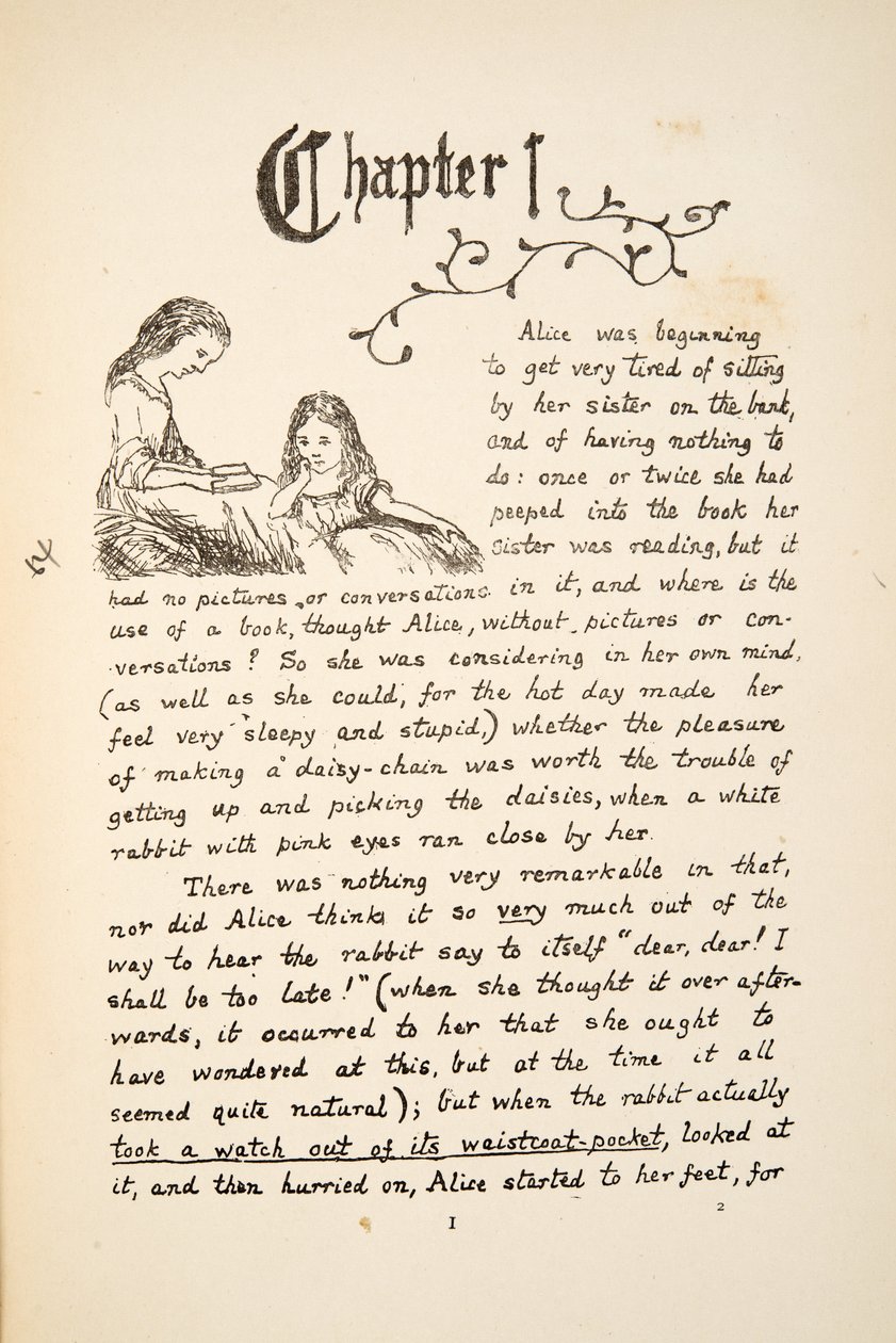 Alice med søsteren sin, illustrasjon fra Alices Adventures Under Ground, pub. 1886 (faksimile) av Charles Lutwidge Dodgson
