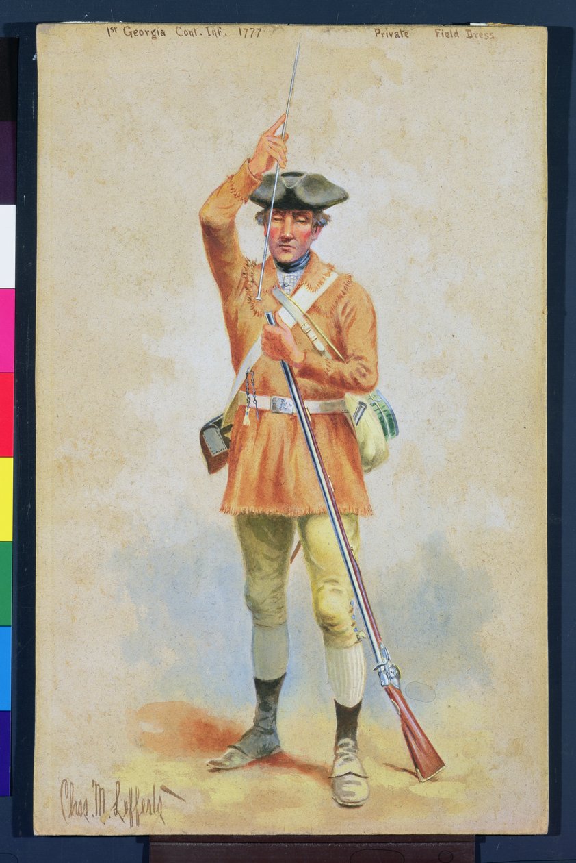 Uniformer of the American Revolution: 1777 Private Field Dress fra 1st Georgia Continental Infantry (gouache og wc på papir) av Charles MacKubin Lefferts