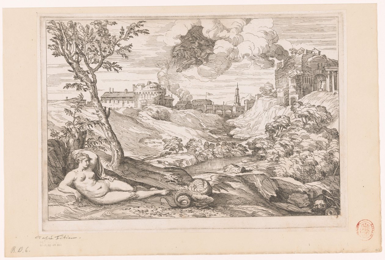 Landskap med Andromeda Guarded by the Dragon og Perseus Flying in a Cloud av Charles Macé (attributed to)