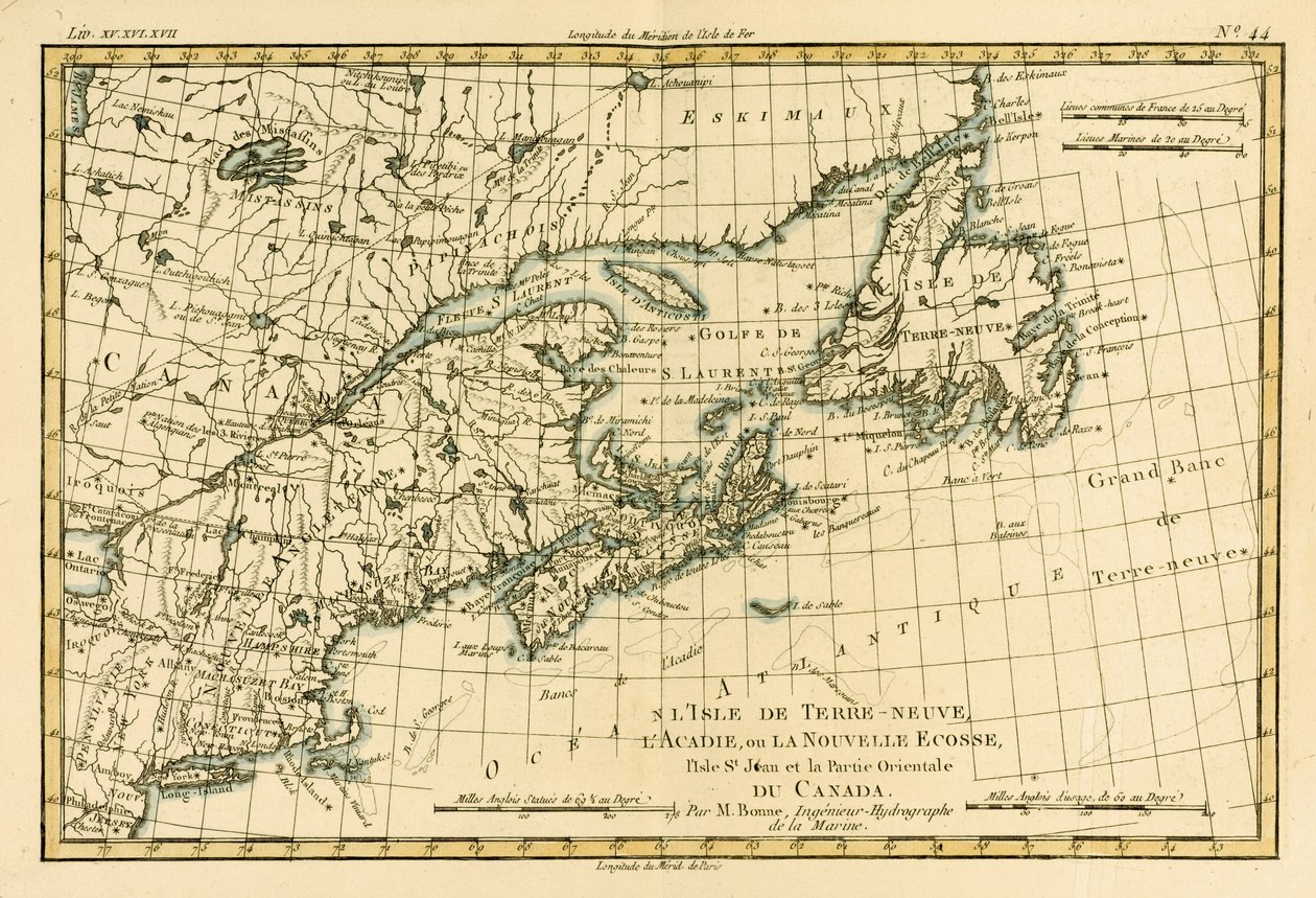 Øst-Canada, Newfoundland, Nova Scotia og St John Island, fra Atlas of All the Known Parts of the Terrestrial Globe av Guillaume Raynal (1713-96), utgitt J L Pellet, Genève, 1780 (farget en av Charles Marie Rigobert Bonne
