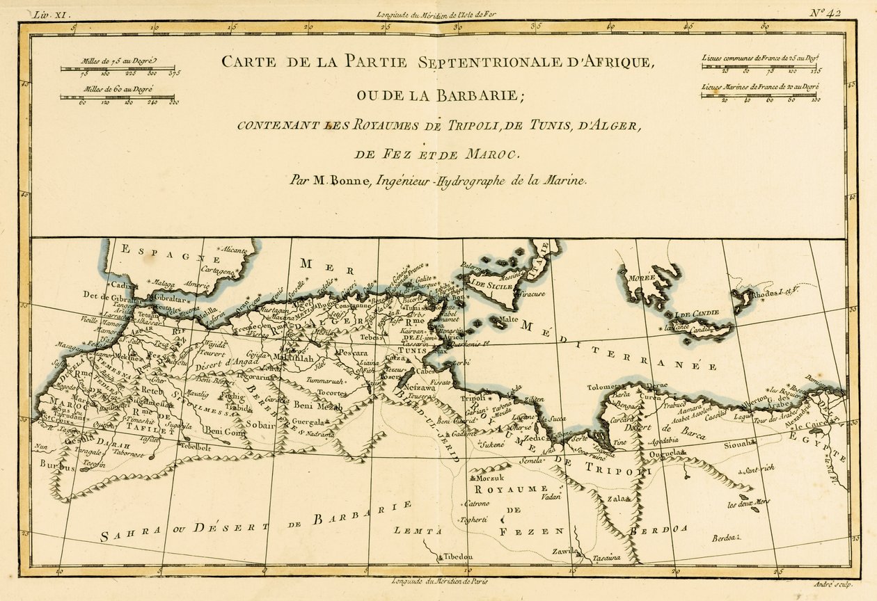 Nord-Afrika, inkludert kongedømmene Tripoli, Tunis, Alger; Fez og Marokko, fra Atlas of All the Known Parts of the Terrestrial Globe av Guillaume Raynal (1713-96) utgitt Genève, 1780 (farge) av Charles Marie Rigobert Bonne