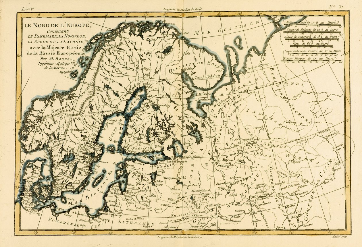 Nord-Europa, inkludert Danmark, Norge, Sverige og Lappland, med det meste av Vest-Russland, fra Atlas de Toutes les Parties Connues du Globe Terrestre av Guillaume Raynal (1713-96) utgitt Genève, av Charles Marie Rigobert Bonne