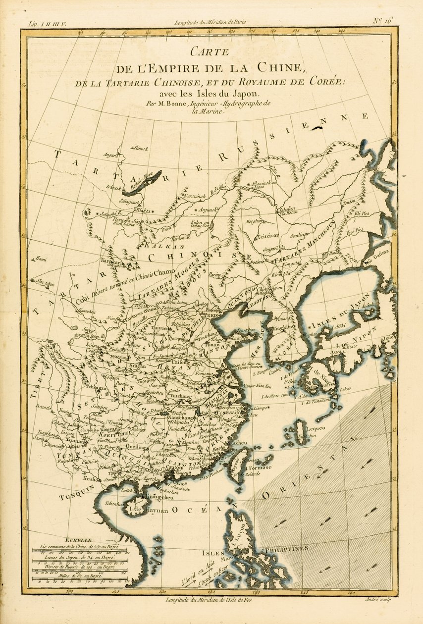 Det kinesiske imperiet, kinesisk tartar og kongeriket Korea, med øyene i Japan, fra Atlas de Toutes les Parties Connues du Globe Terrestre av Guillaume Raynal (1713-96) utgitt 1780 (colou) av Charles Marie Rigobert Bonne