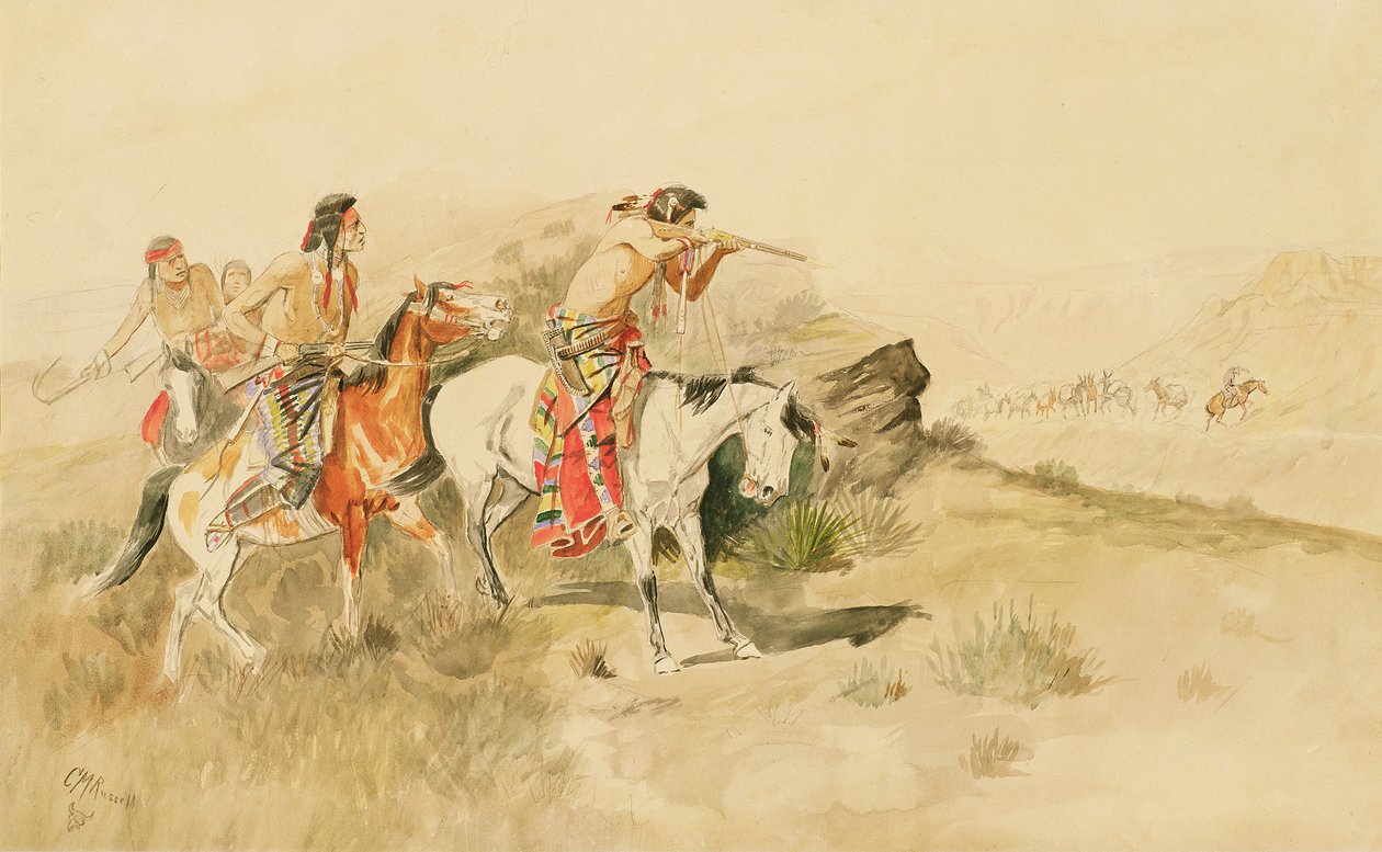 Attack on the Muleteers, ca. 1895 (blyant og wc på papir) av Charles Marion Russell