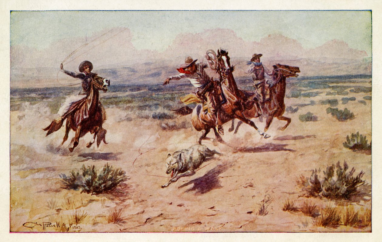 Cowboyer som jager en prærieulv av Charles Marion Russell