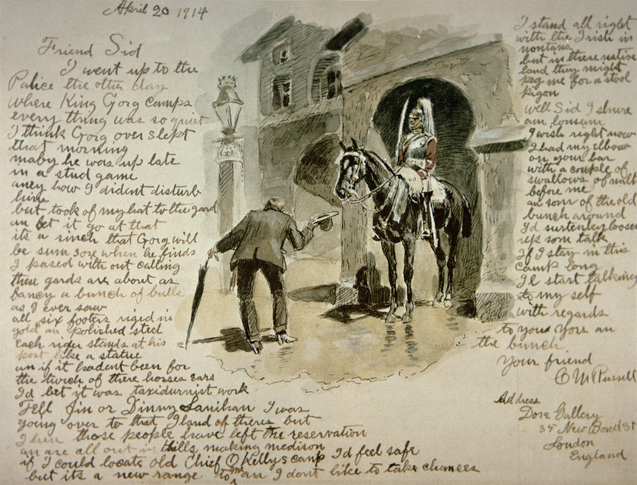 Illustrert brev, 20. april 1914 (penn og blekk og vask på papir) av Charles Marion Russell