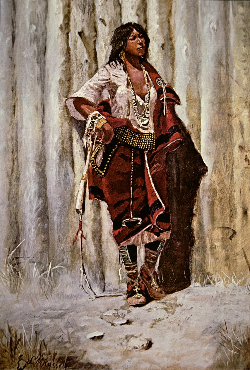 Indian Maid at the Stockade (olje på lerret) av Charles Marion Russell
