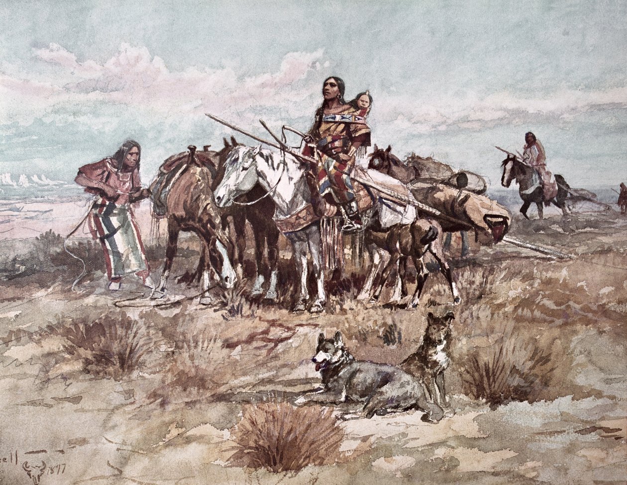 Native Americans Plains Folk flytter leir av Charles Marion Russell