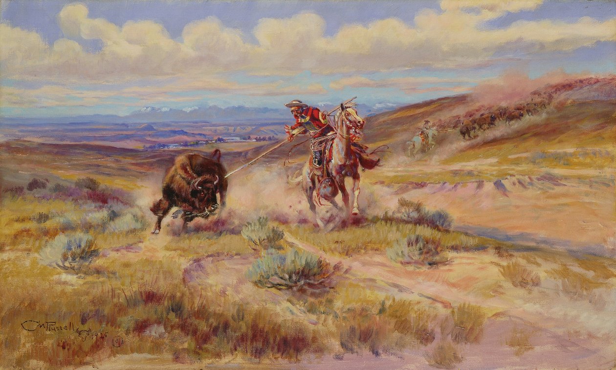 Spyde en bøffel av Charles Marion Russell