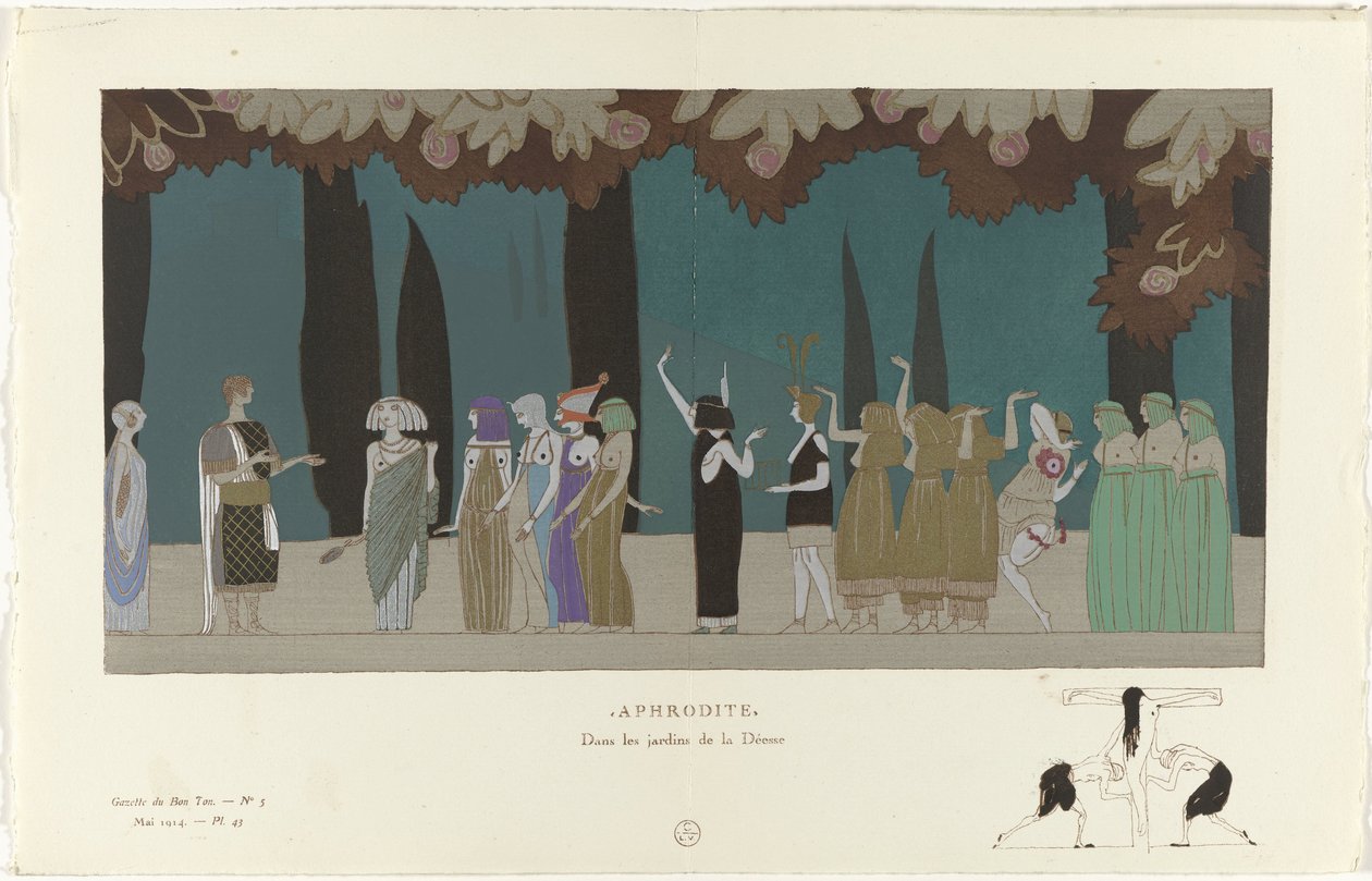 Gazette du Bon Ton, 1914 - nr. 5, pl. 43: Afrodite / I gudinnens hager (tittel på objekt) av Charles Martin