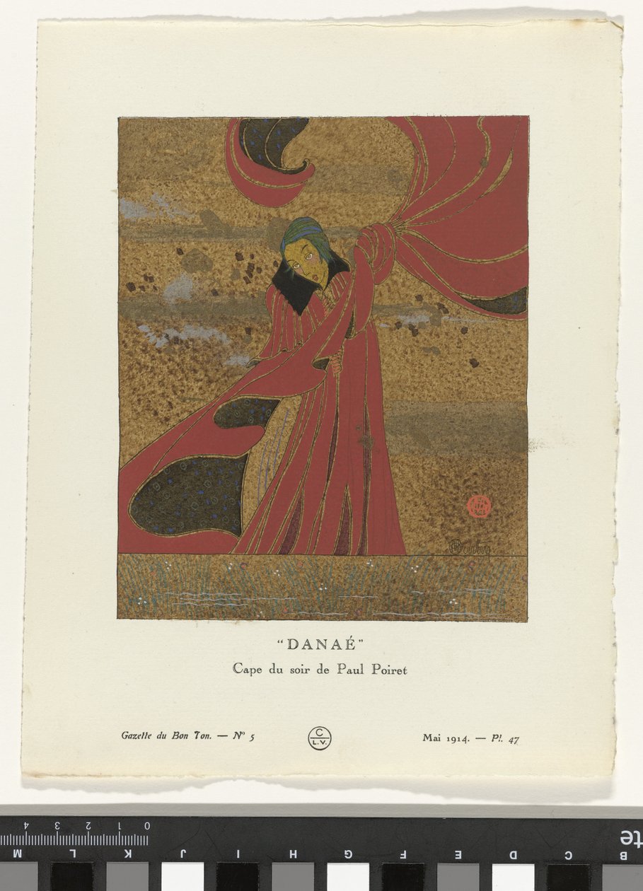 Gazette du Bon Ton, 1914 - nr. 5, pl. 47: Danae / Evening Cape av Paul Poiret (tittel på objekt) av Charles Martin