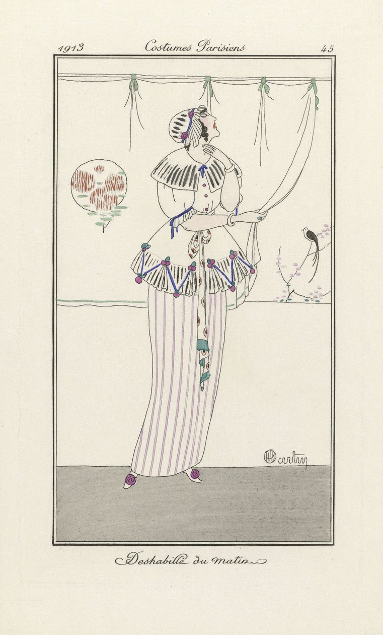 Morning Dress, fra Costumes Parisiens, pub. 1913 (stensiltrykk) av Charles Martin