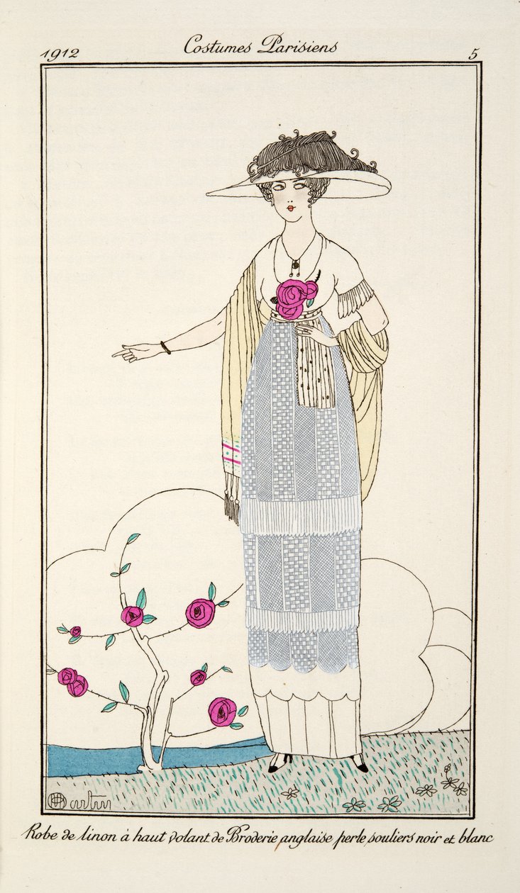 Plenkjole med høy volang av Broderie Anglaise perle svarte og hvite sko, Plate 5, Costumes Parisiens publisert i Journal des Dames et des Modes, 1912 (håndfarget gravering) av Charles Martin