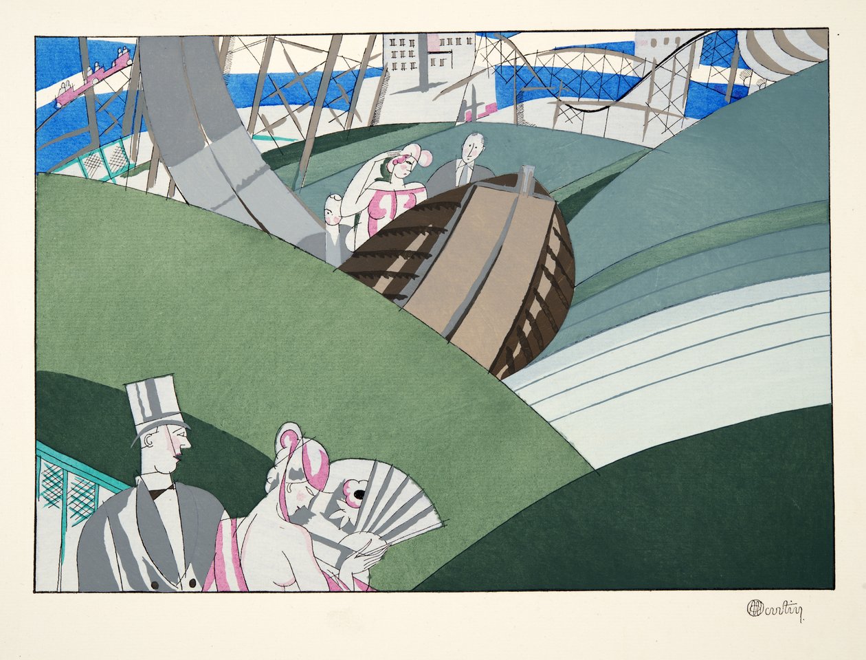 Water-Chute, fra Sports and Entertainment, pub. 1914 (stensiltrykk) av Charles Martin