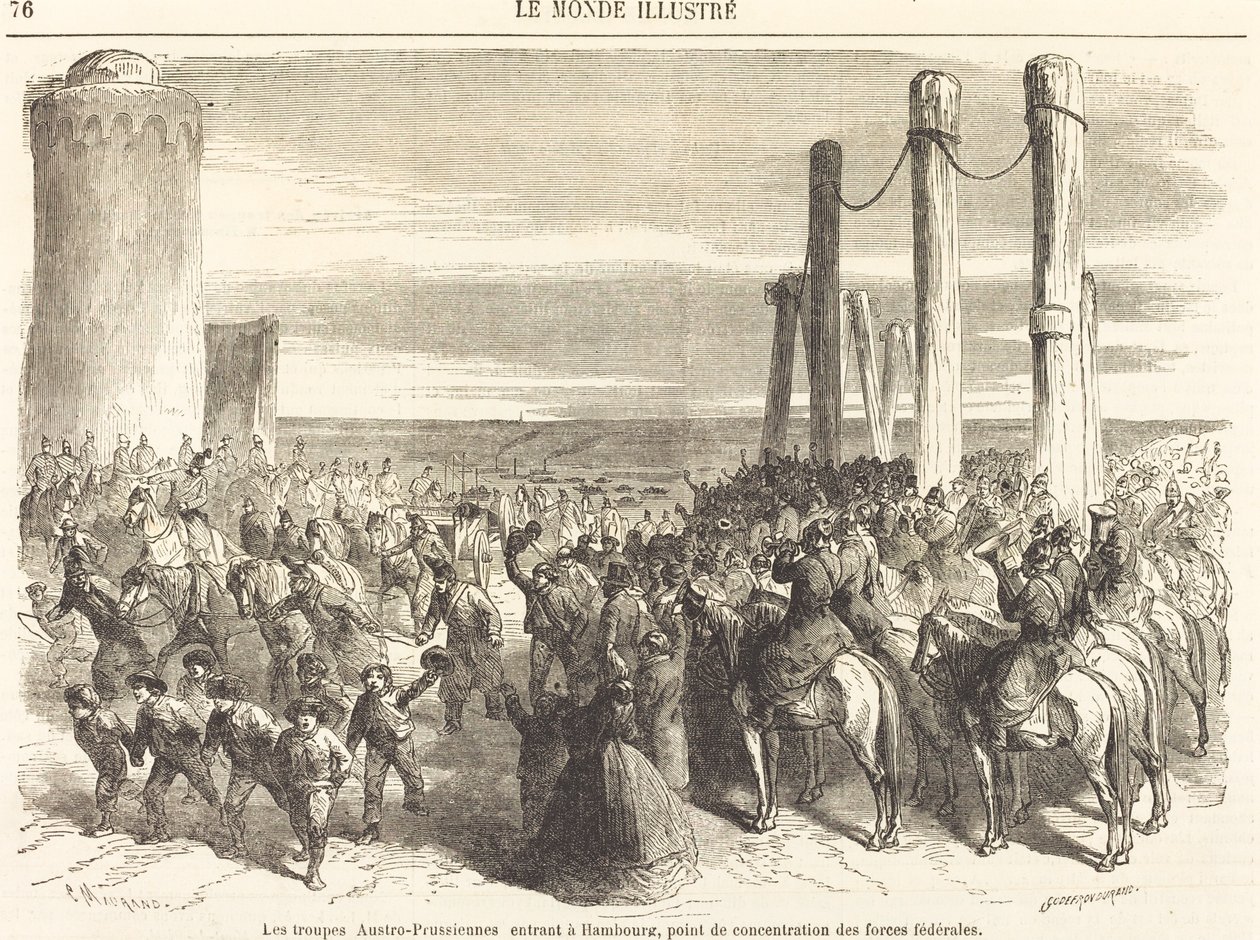 Østerriksk-prøyssiske tropper kommer inn i Hamburg ... [øverste halvdel] av Charles Maurand after Godefroy Durand