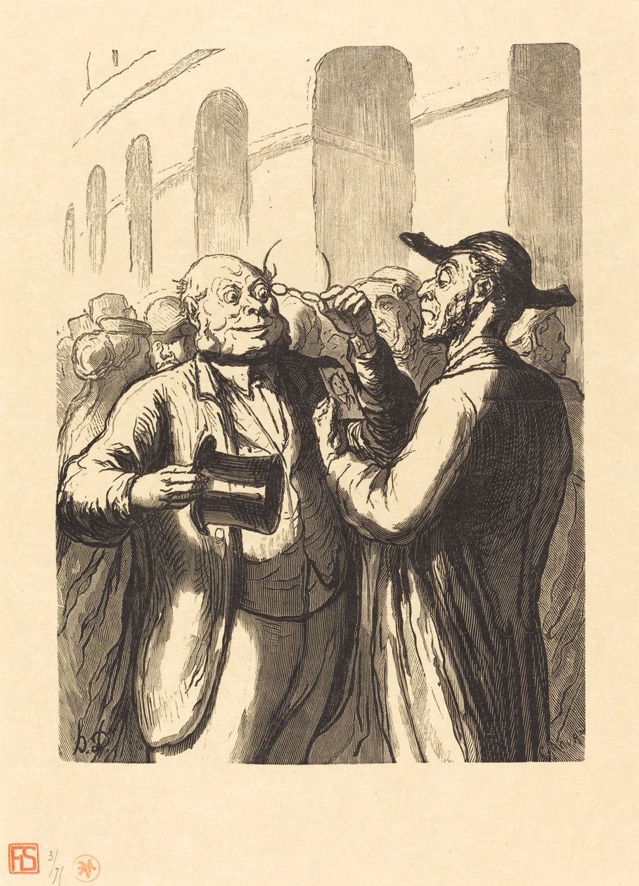 Universell utstilling: Inspeksjonen av fotografier ved turnstiles av Charles Maurand after Honoré Daumier