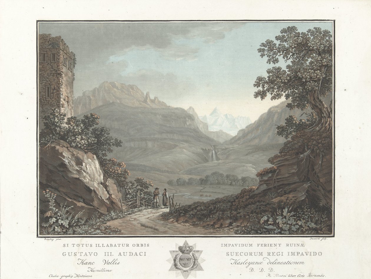 Berglandschap i Sveits Utsikt over Oberhashi-dalen (tittel på objekt) Bemerkelsesverdig utsikt over fjellene i Sveits (serietittel) av Charles Melchior Descourtis